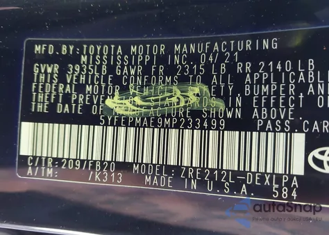 2021 Toyota Corolla Le z USA, uszkodzony, nr VIN 5YFEPMAE9MP233499